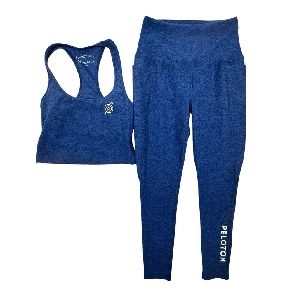 Beyond Yoga x Peloton Spacedye Ankle Leggings And Sports Bra Set M Blue